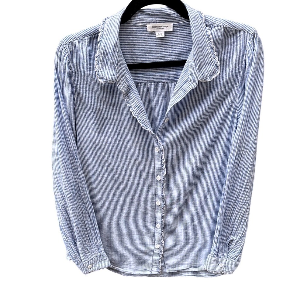 Beachlunchlounge Blue White Striped Ruffle Trim Cotton Button Up Shirt Large